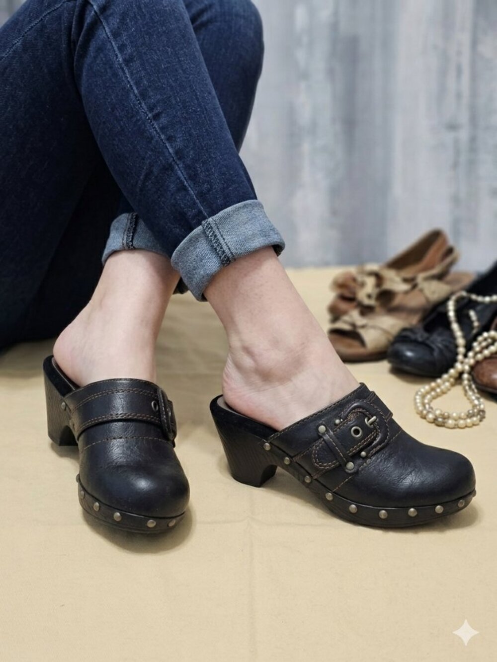 Curfew Black Studded Buckle Clogs Y2K Boho Mule Heels Women's – Size 6 - Picture 2 of 8
